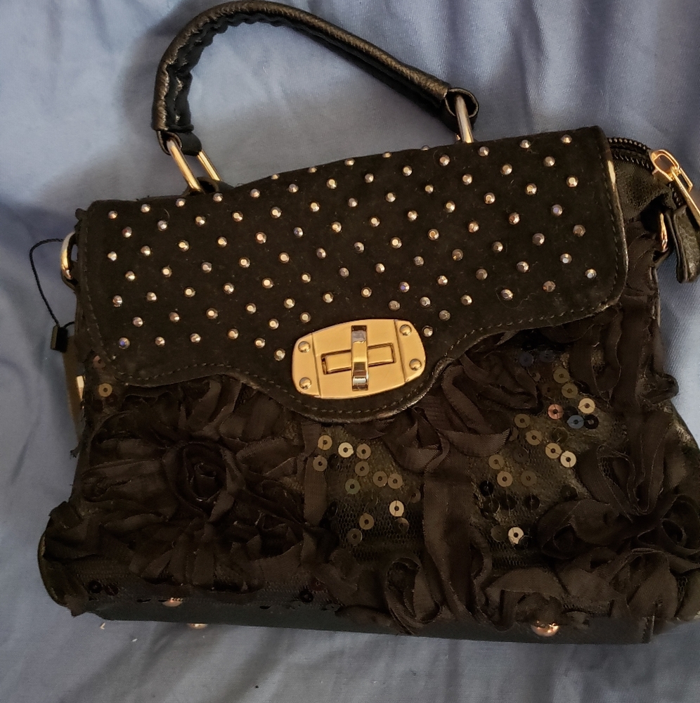 New black sequin purse with shoulder strap